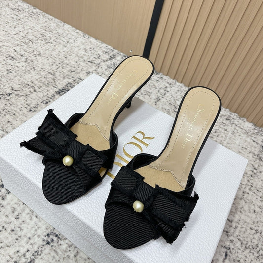 CD 26s High Heel Slippers 75 Black Beige Canvas Leather 643490