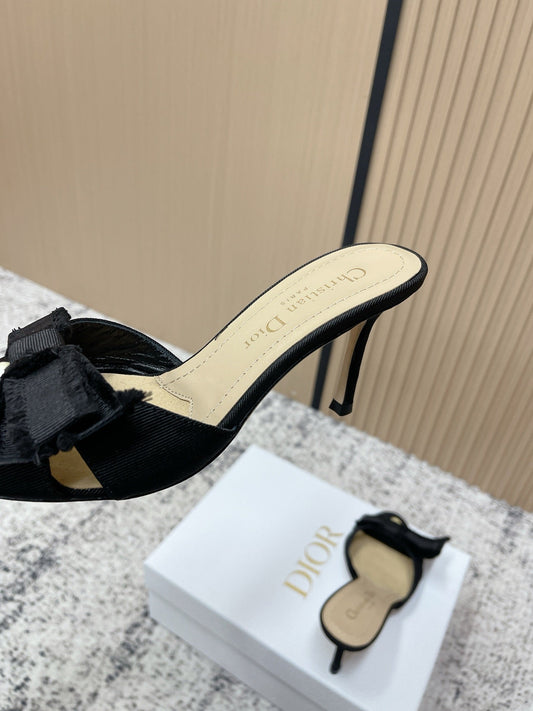 CD 26s High Heel Slippers 75 Black Beige Canvas Leather 643490