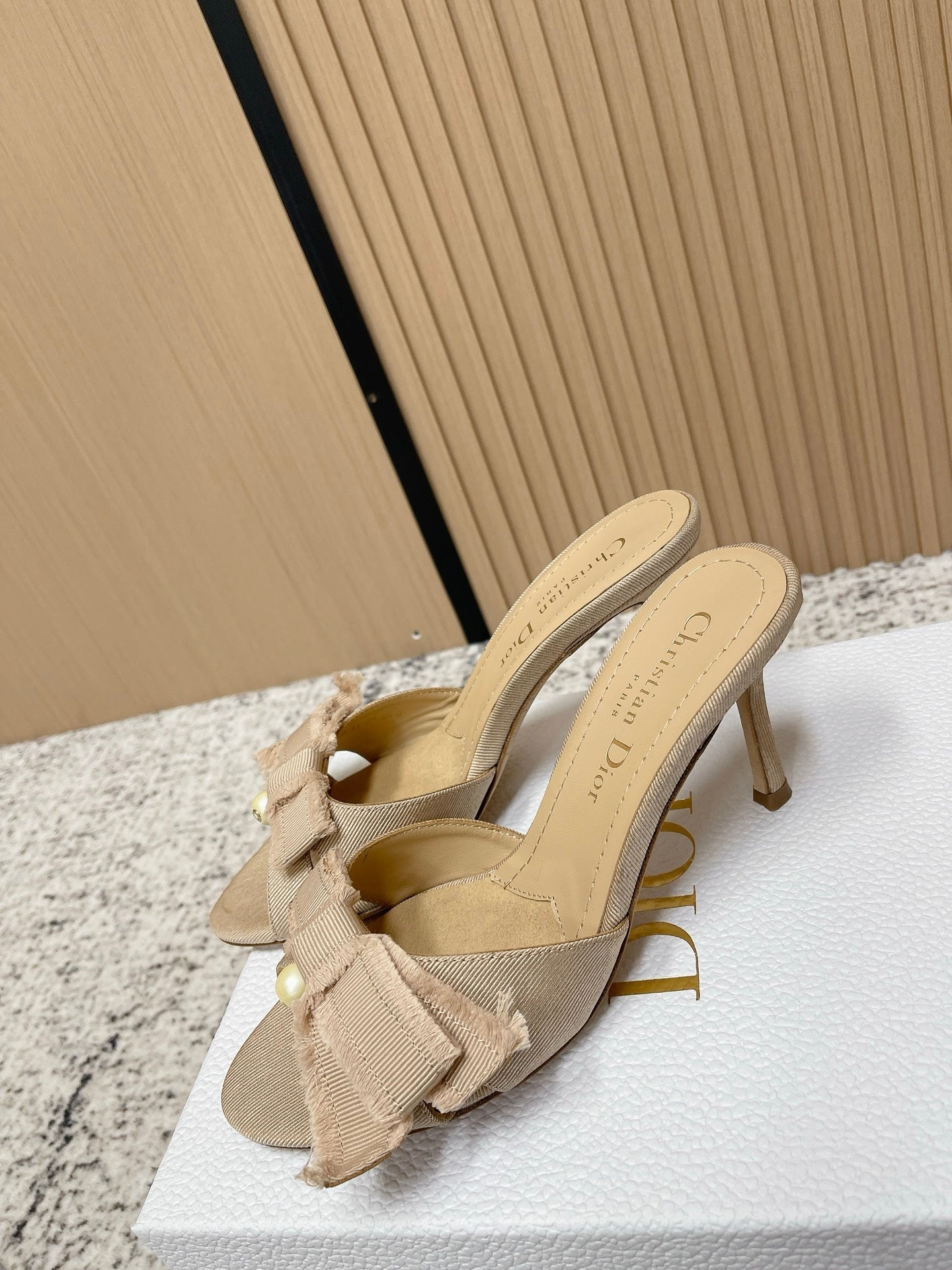 CD 26s High Heel Slippers 75 Beige Canvas Leather 643491