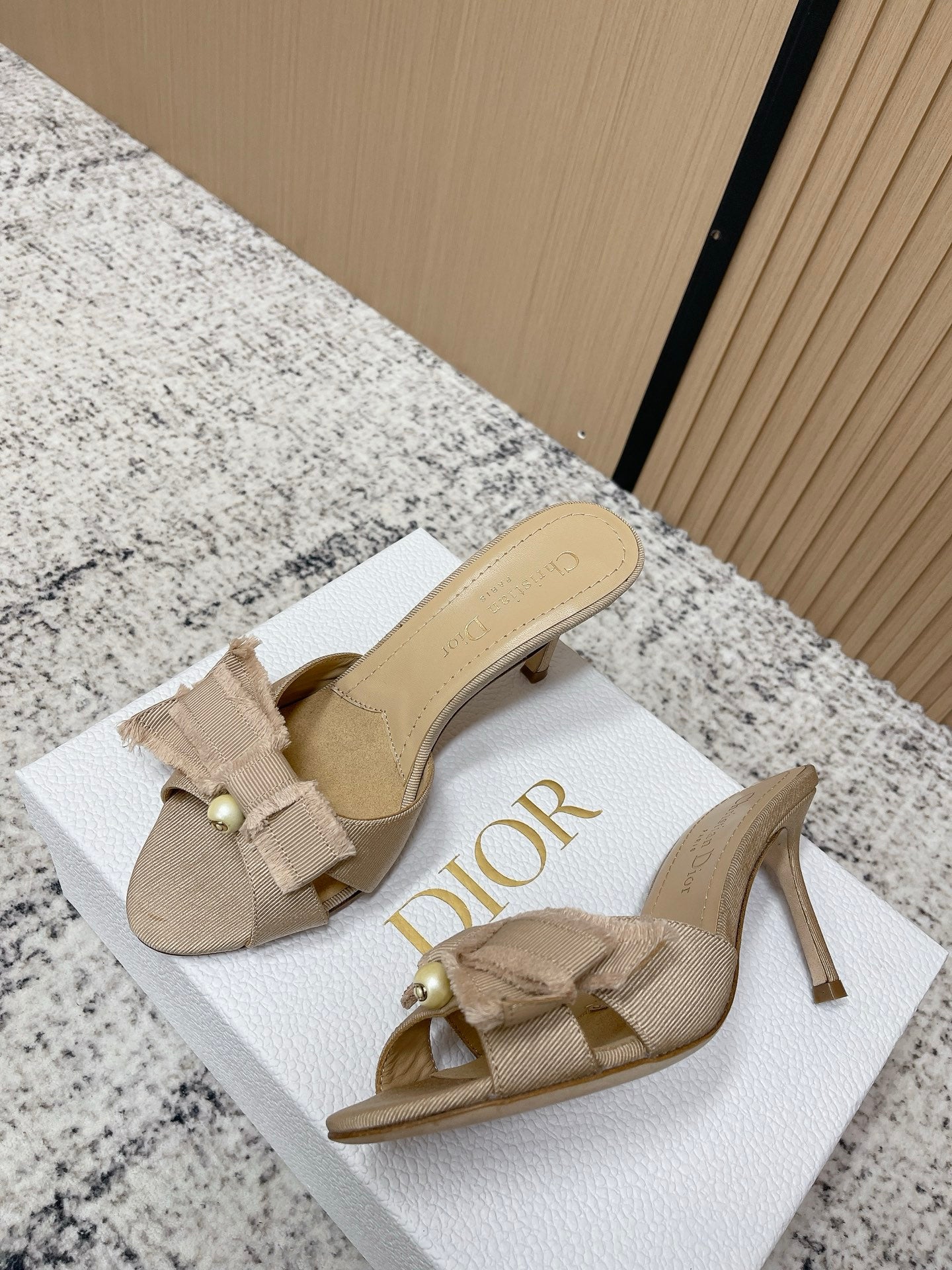 CD 26s High Heel Slippers 75 Beige Canvas Leather 643491