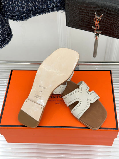 HM 26ss Flat Slippers Brown White Suede 642828