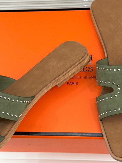 HM 26ss Flat Slippers Brown Green Suede 642829