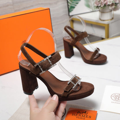 HM 26ss Platform High-Heeled Sandals Dark Brown Velvet Sheepskin 601218