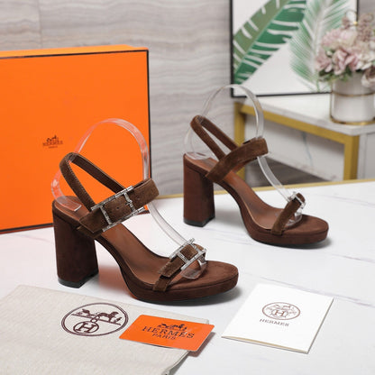 HM 26ss Platform High-Heeled Sandals Dark Brown Velvet Sheepskin 601218