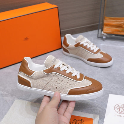 HM 26ss Casual Sneakers Ecru Brown Calfskin Canvas 637716