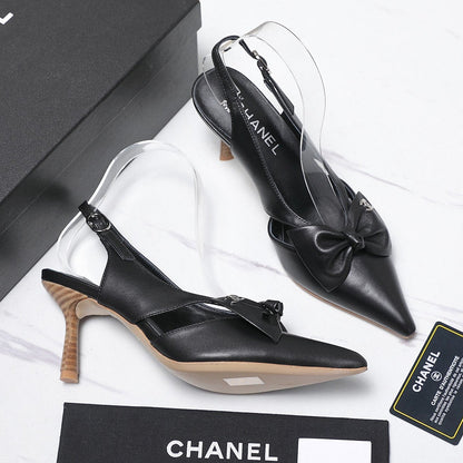 Chanel 2026 Bow Strappy High-Heeled Slingback 80mm Black Cowhide 758438