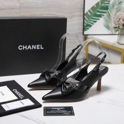 Chanel 2026 Bow Strappy High-Heeled Slingback 80mm Black Cowhide 758438