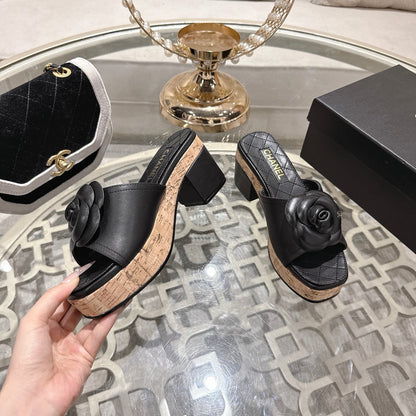 CC 26s Camellia Platform Slippers 65 Black Lambskin 627048