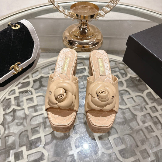 CC 26s Camellia Platform Slippers 65 Beige Lambskin 627049