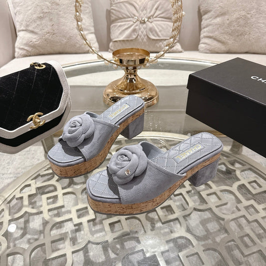 CC 26s Camellia Platform Slippers 65 Light Blue Grey Lambskin 627051