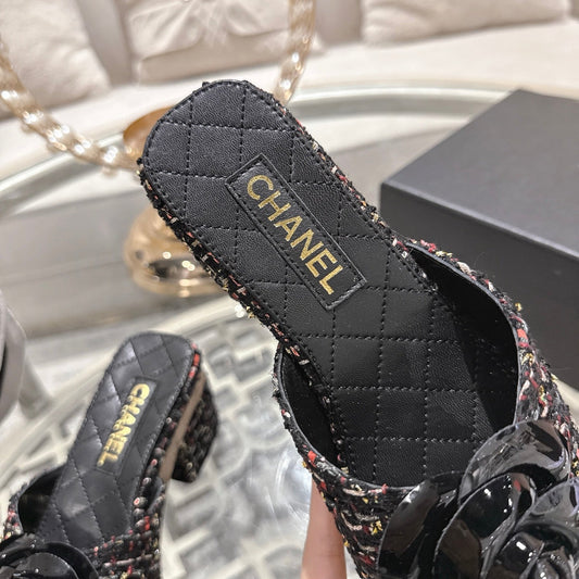 CC 26s Camellia Platform Slippers 65 Black Multicolor Tweed Leather 627052