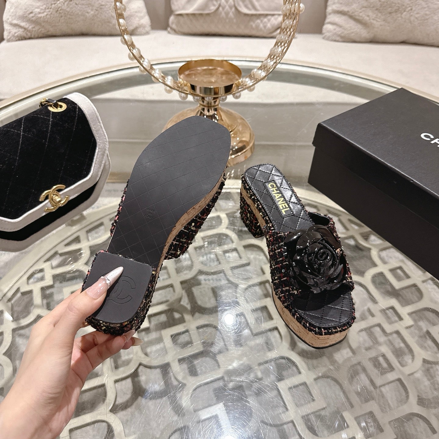 CC 26s Camellia Platform Slippers 65 Black Multicolor Tweed Leather 627052