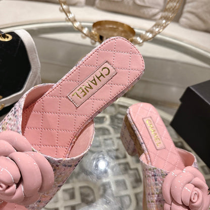 CC 26s Camellia Platform Slippers 65 Pink Tweed Leather 627057