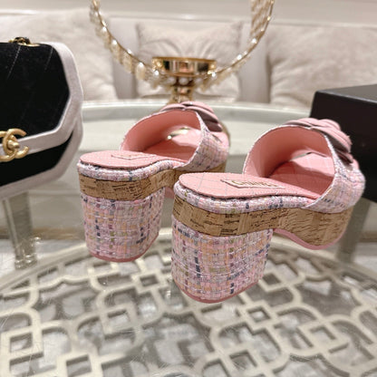 CC 26s Camellia Platform Slippers 65 Pink Tweed Leather 627057