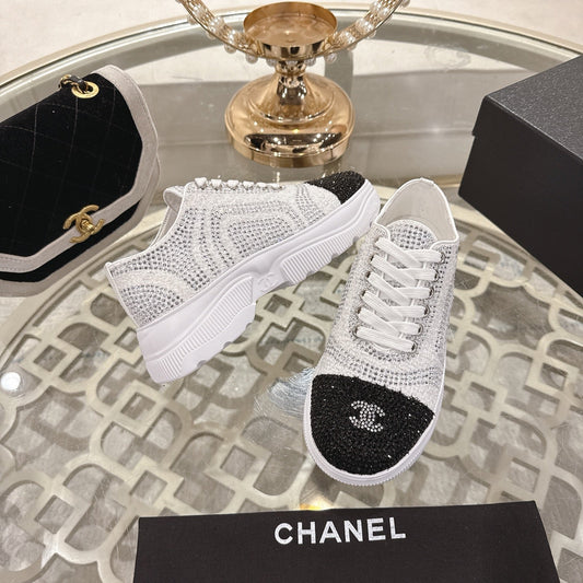 CC 26s Platform Sneakers White Black Rhinestone Sheepskin 627058