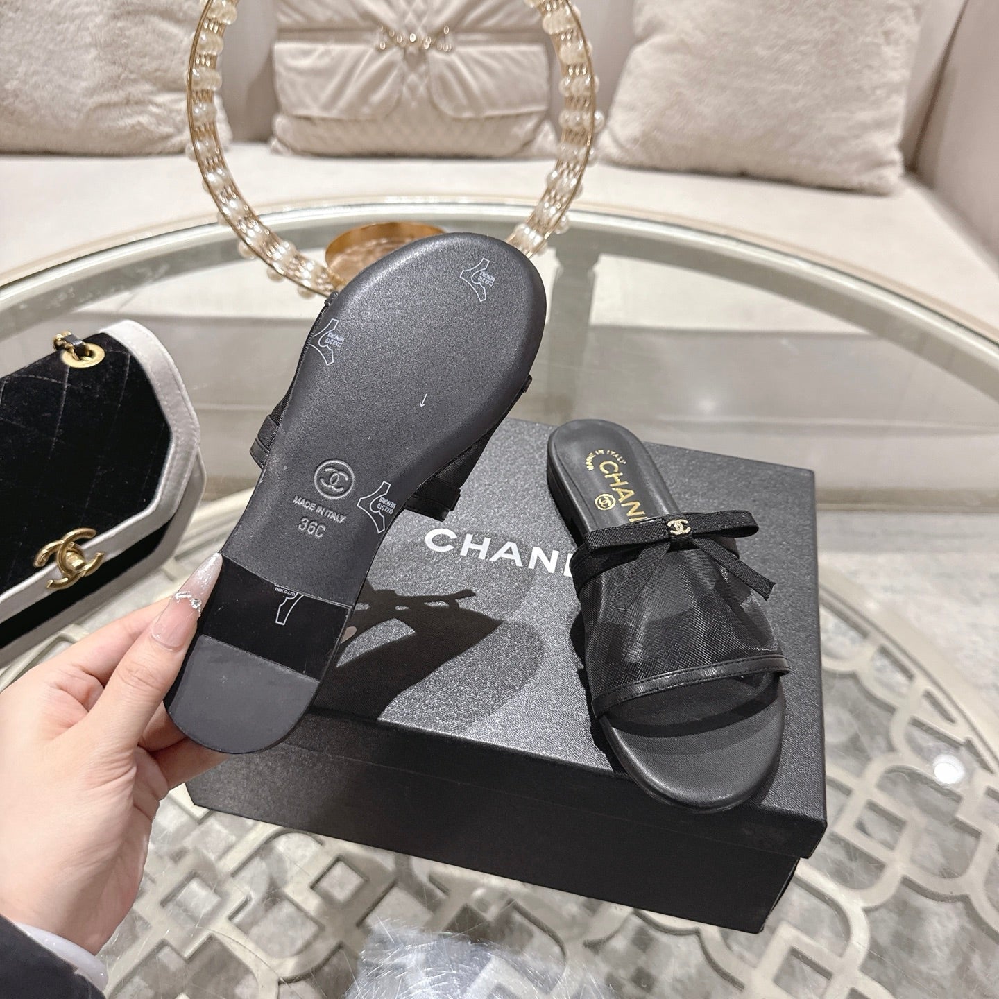 CC 26s Chunky Heel Sandals Black Mesh Sheepskin 627065