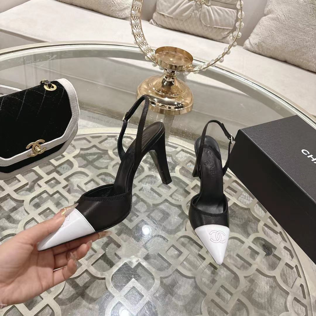 Chanel 2026 Pointed-Toe High-Heeled Sandal Black White Sheepskin 634229