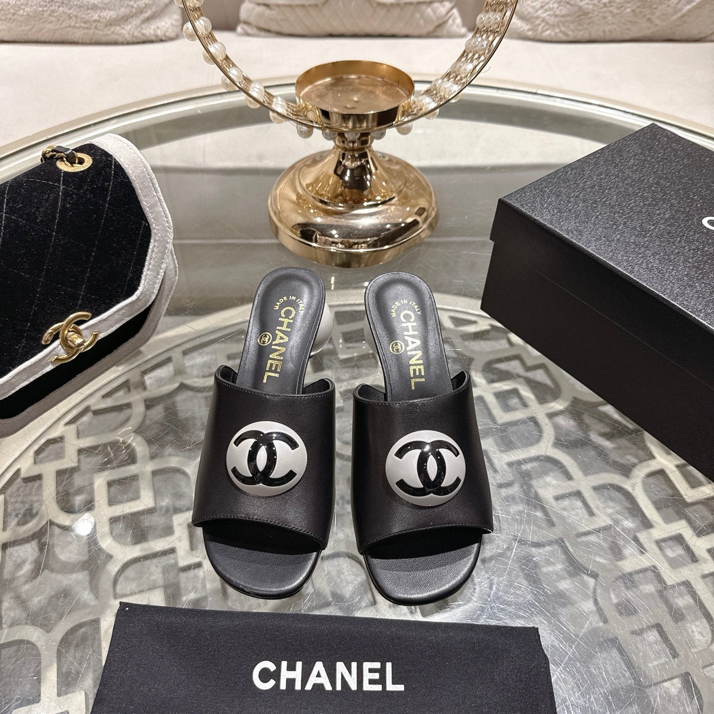 Chanel 2026 Double C Pearl High-Heeled Sandals Leather Lambskin 834456