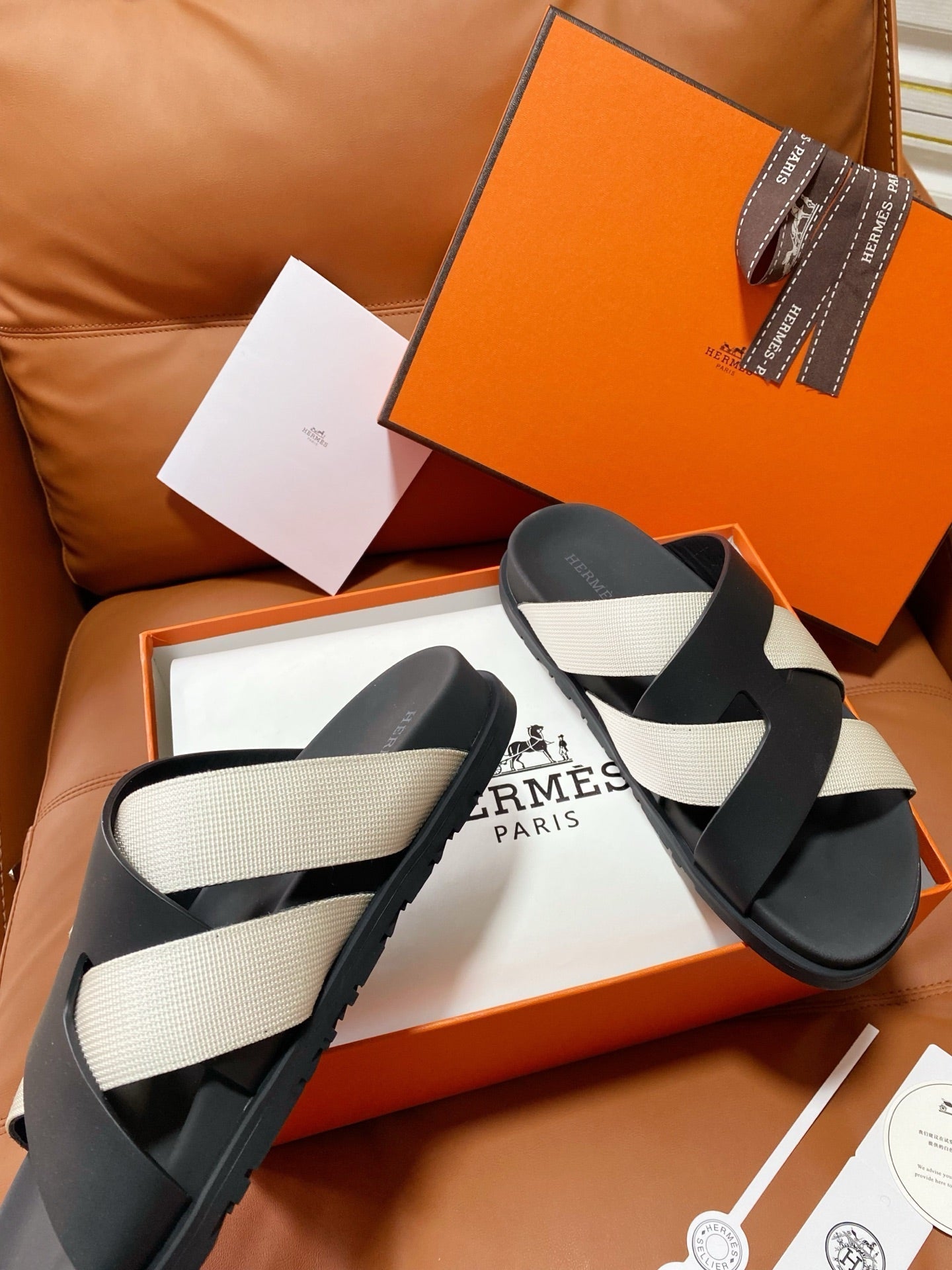HM 2026 Cross Sandals Black White Canvas Calfskin 667286