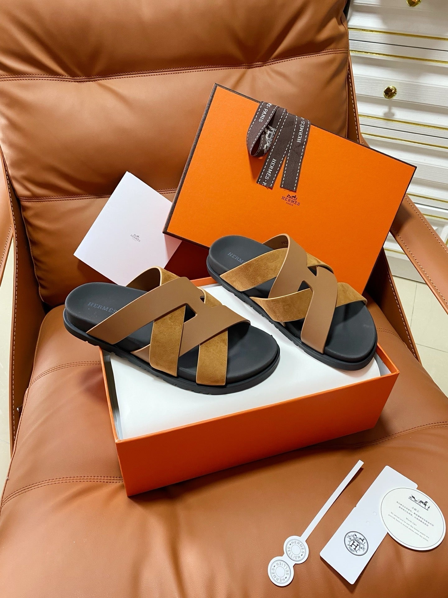 HM 2026 Cross Sandals Tan Suede Calfskin 667291