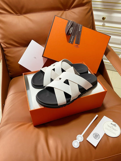 HM 2026 Cross Sandals Black White Suede Calfskin 667294