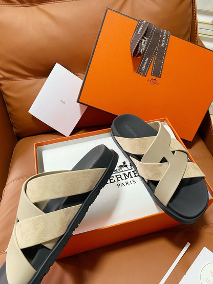 HM 2026 Cross Sandals Black Beige Suede Calfskin 667295