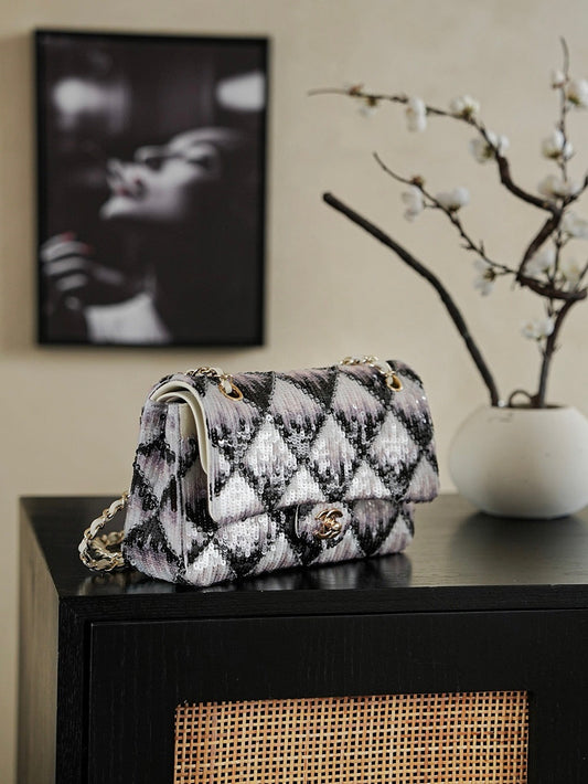 Chanel 2026 Flap Bag 25.5cm Black White Purple Sequin Leather 339086