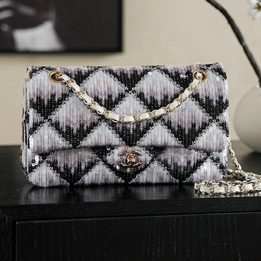 Chanel 2026 Flap Bag 25.5cm Black White Purple Sequin Leather 339086