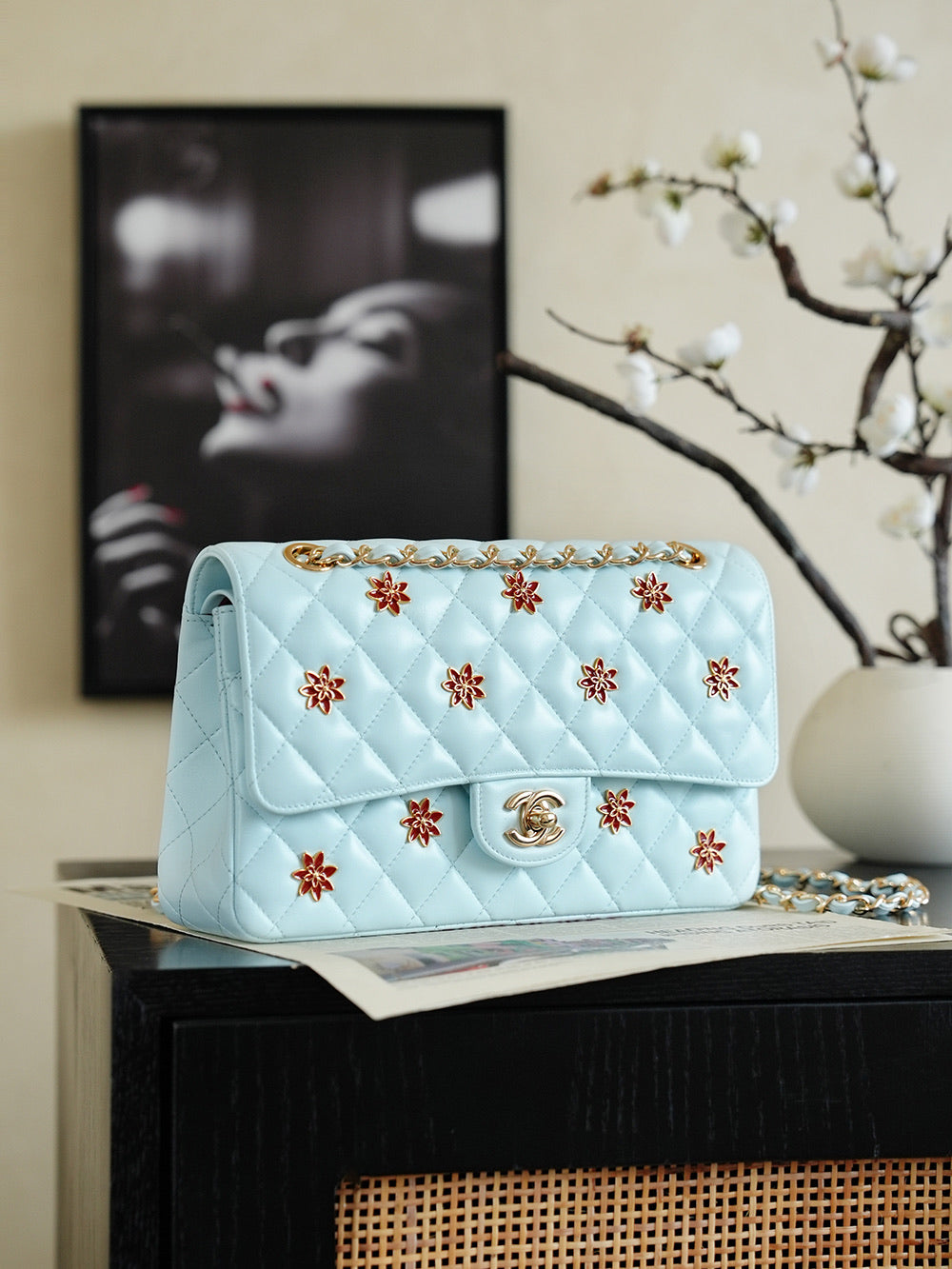 Chanel 2026 Red Flower Flap Bag 25.5cm Blue Lambskin 367103