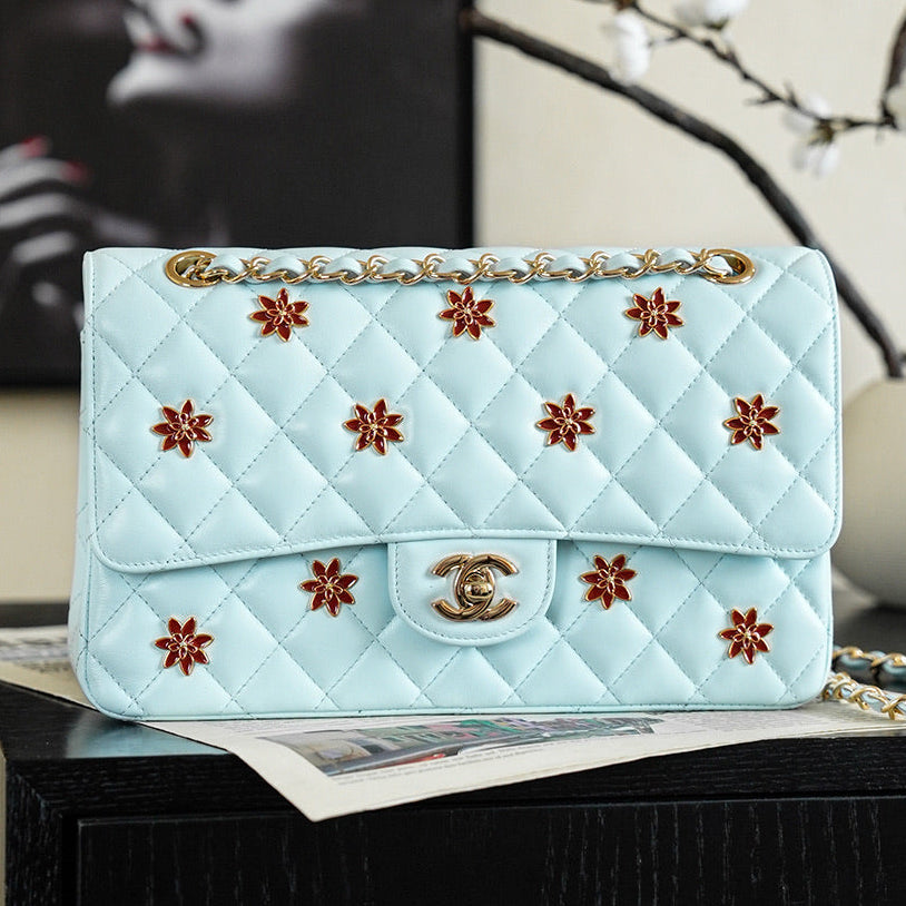 Chanel 2026 Red Flower Flap Bag 25.5cm Blue Lambskin 367103