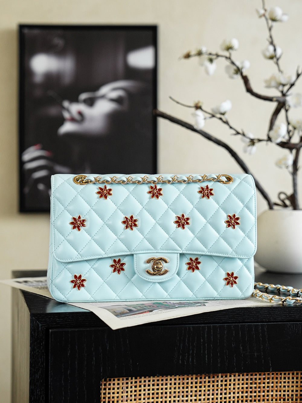Chanel 2026 Red Flower Flap Bag 25.5cm Blue Lambskin 367103