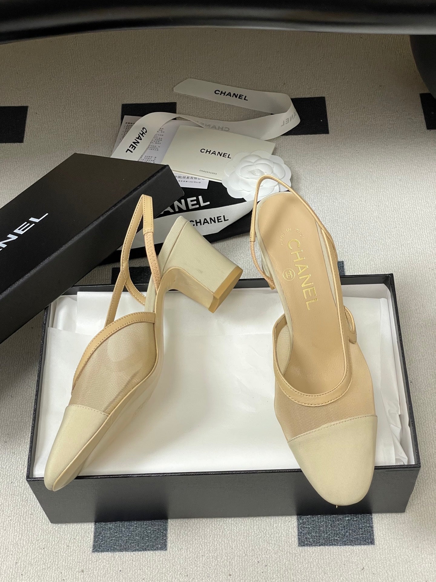 CC 26s Slingback 65 Beige Mesh Fabric Sheepskin 649444