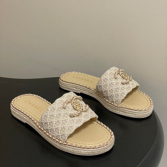 CC 26s Flat Slippers Beige Gold Fabric Sheepskin 649484
