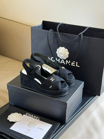 Chanel 2026 Peep Toe Wedge Sandals Black Suede Calfskin