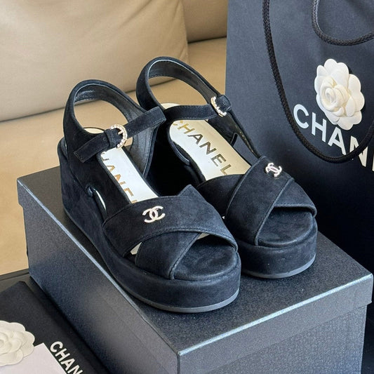 Chanel 2026 Peep Toe Wedge Sandals Black Suede Calfskin