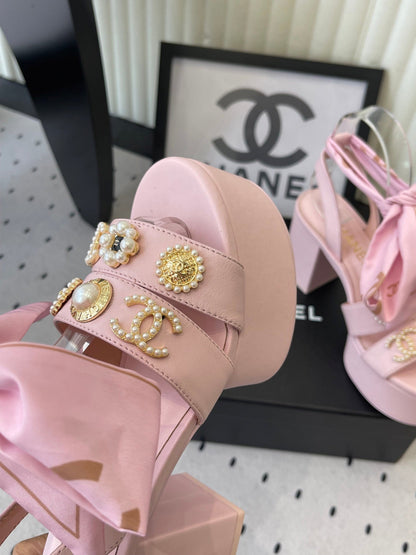 CC 26s Platform Sandals 75 Pink Sheepskin Mixed Gold Charm 650090