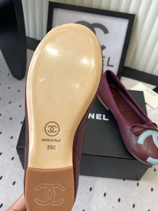 Chanel Cambon Ballet Flat Burgundy Blue Sheepskin 415674