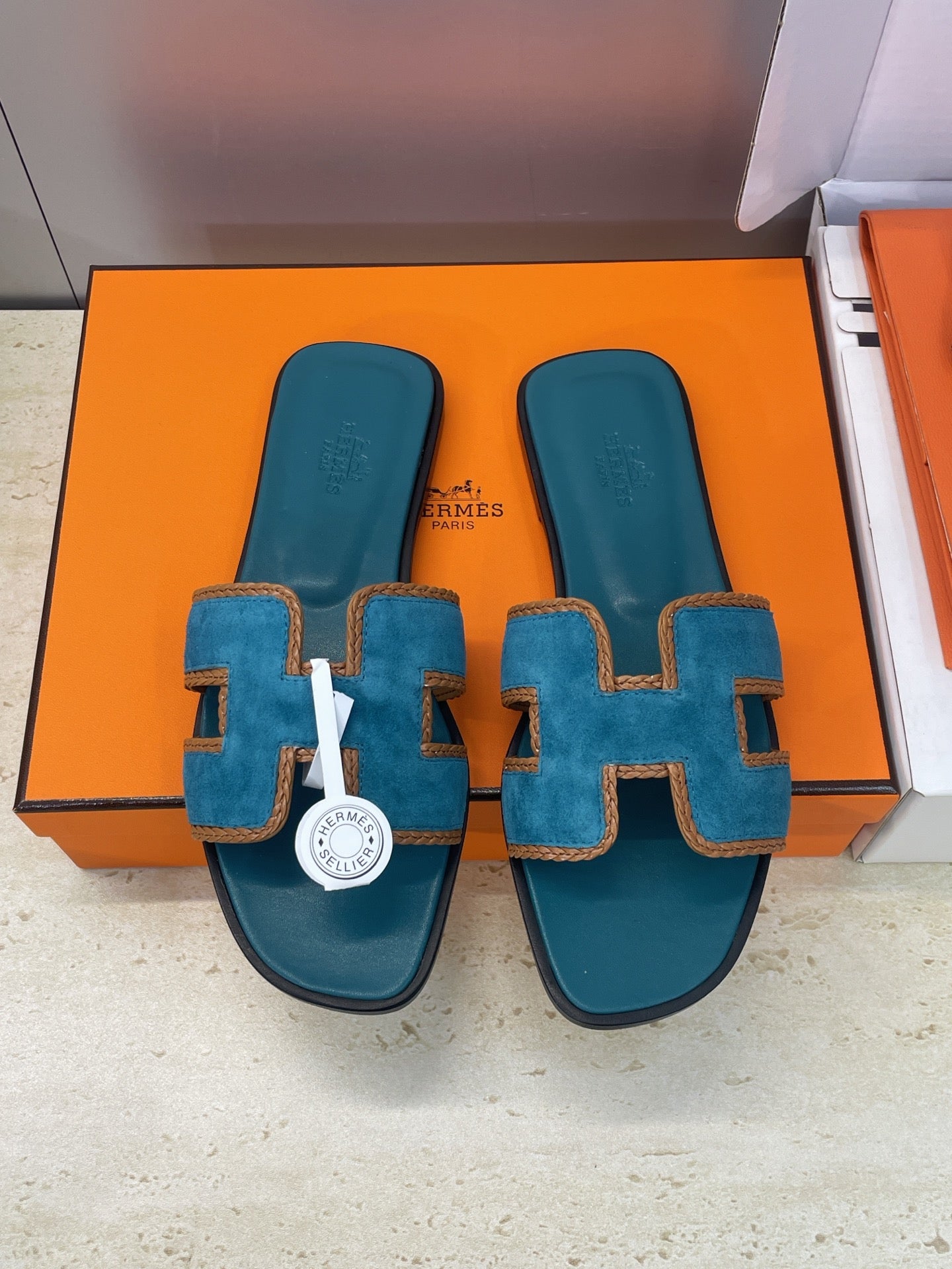 HM 26ss Oran Sandals Teal Blue Suede Calfskin 607249