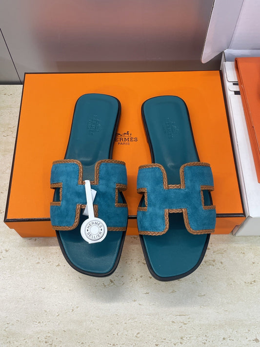 HM 26ss Oran Sandals Teal Blue Suede Calfskin 607249