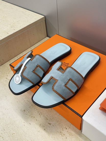 HM 26ss Oran Sandals Baby Blue Brown Suede Calfskin 607250