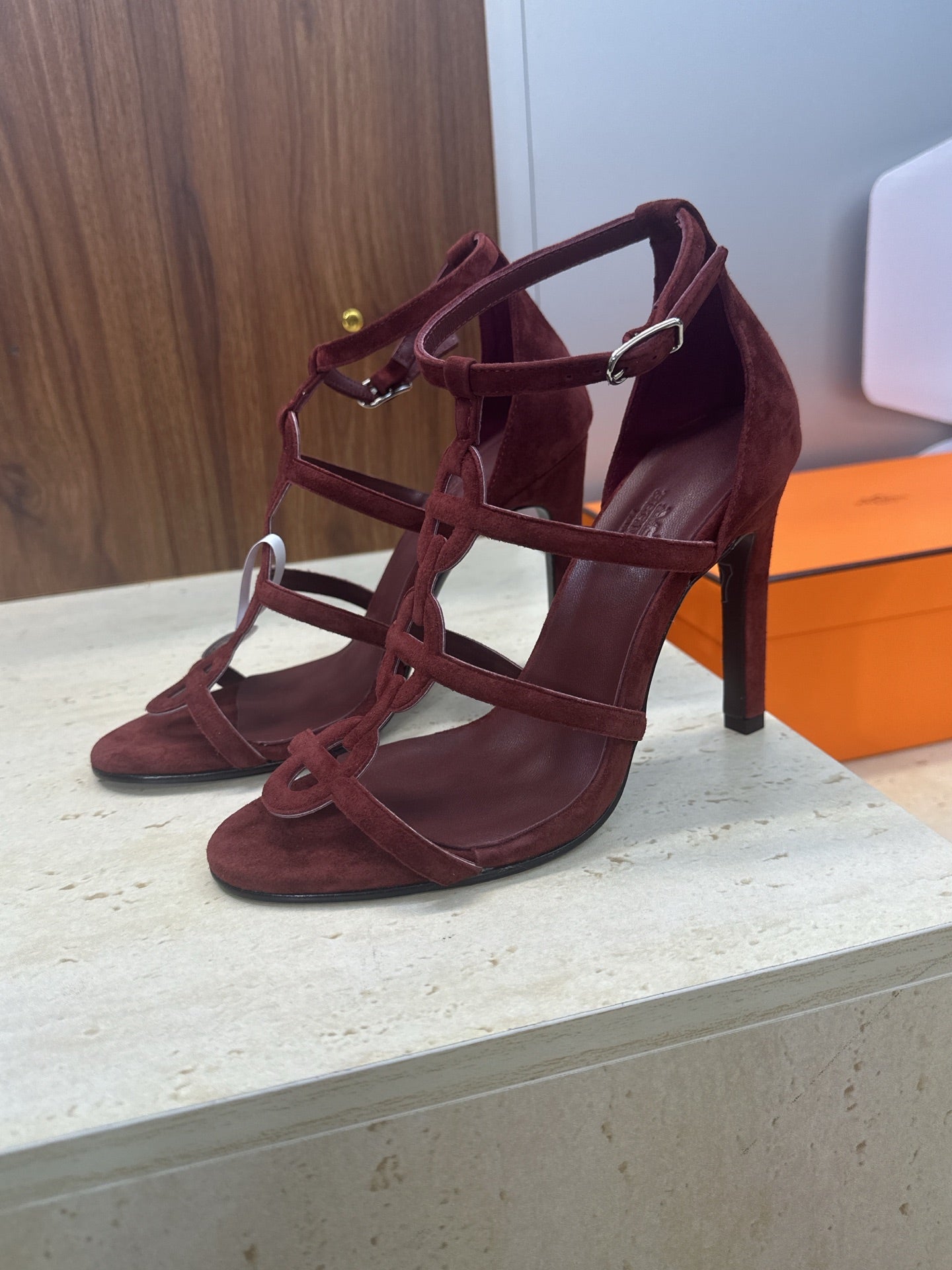 HM 26ss High Heels Sandals 95 Burgundy Suede 633223