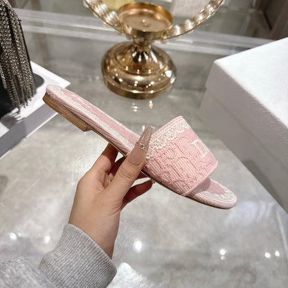 CD 26 Embroidered Sandals Pink White Canvas 592245