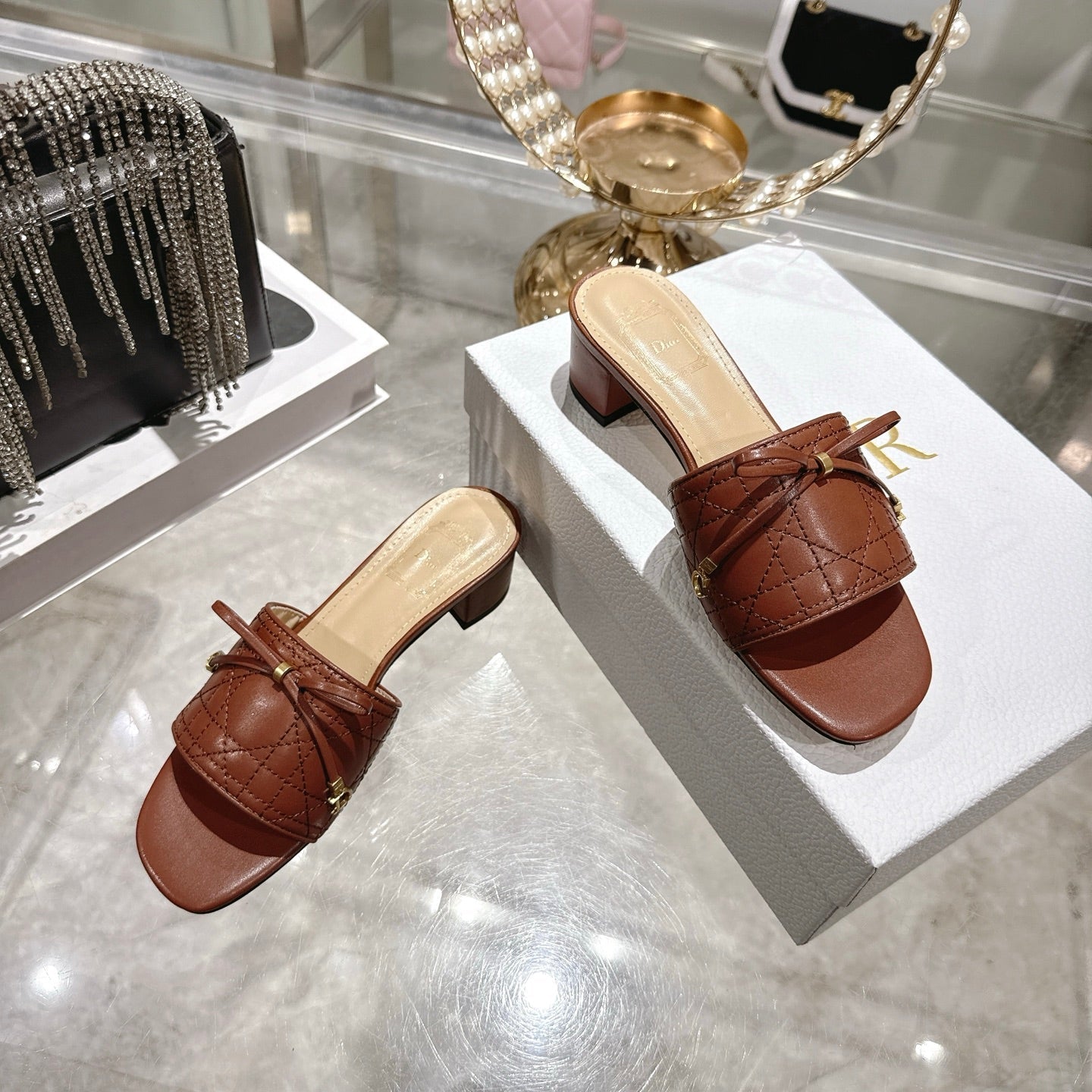 CD 26 Embroidered Slippers Brown Beige  Sheepskin 679667