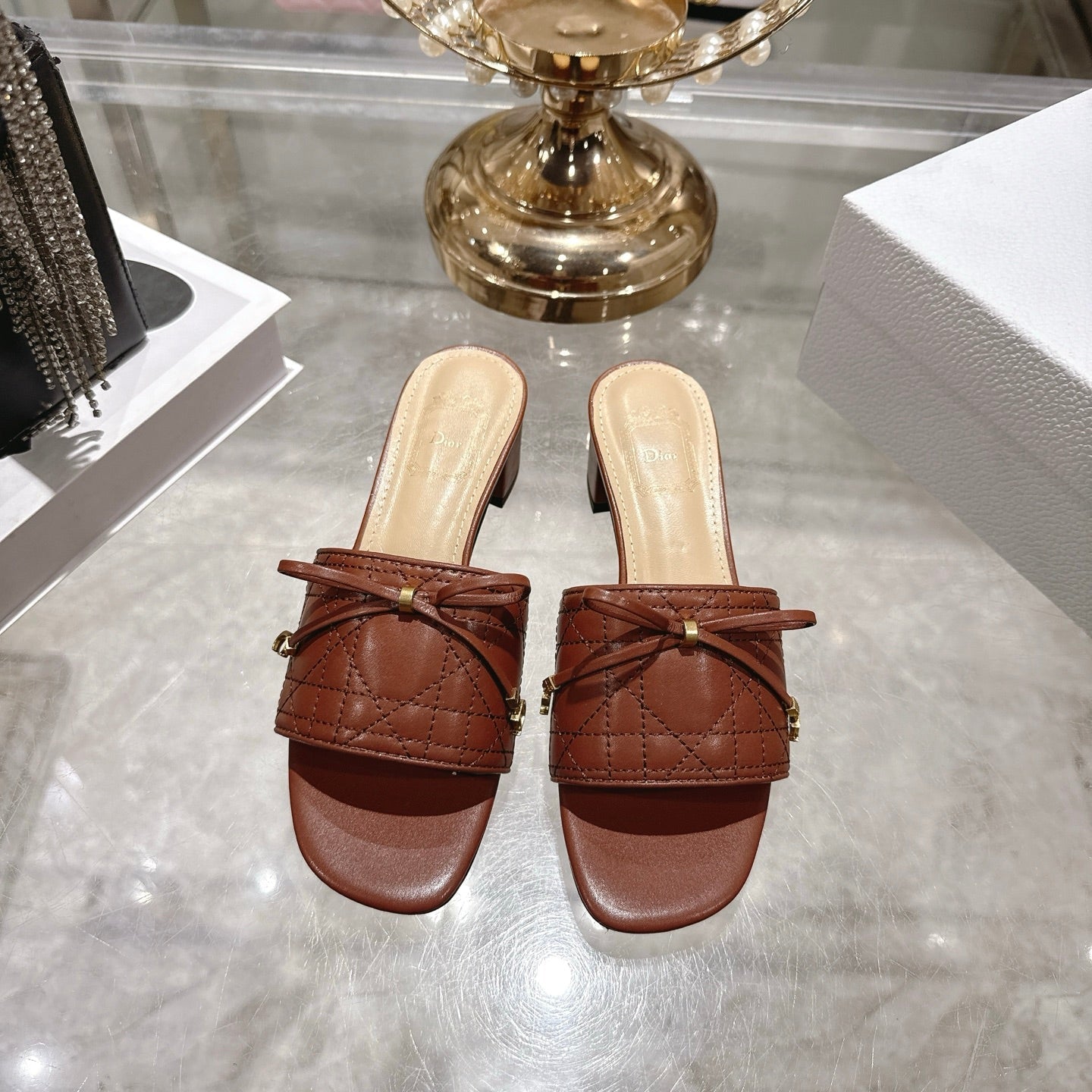 CD 26 Embroidered Slippers Brown Beige  Sheepskin 679667