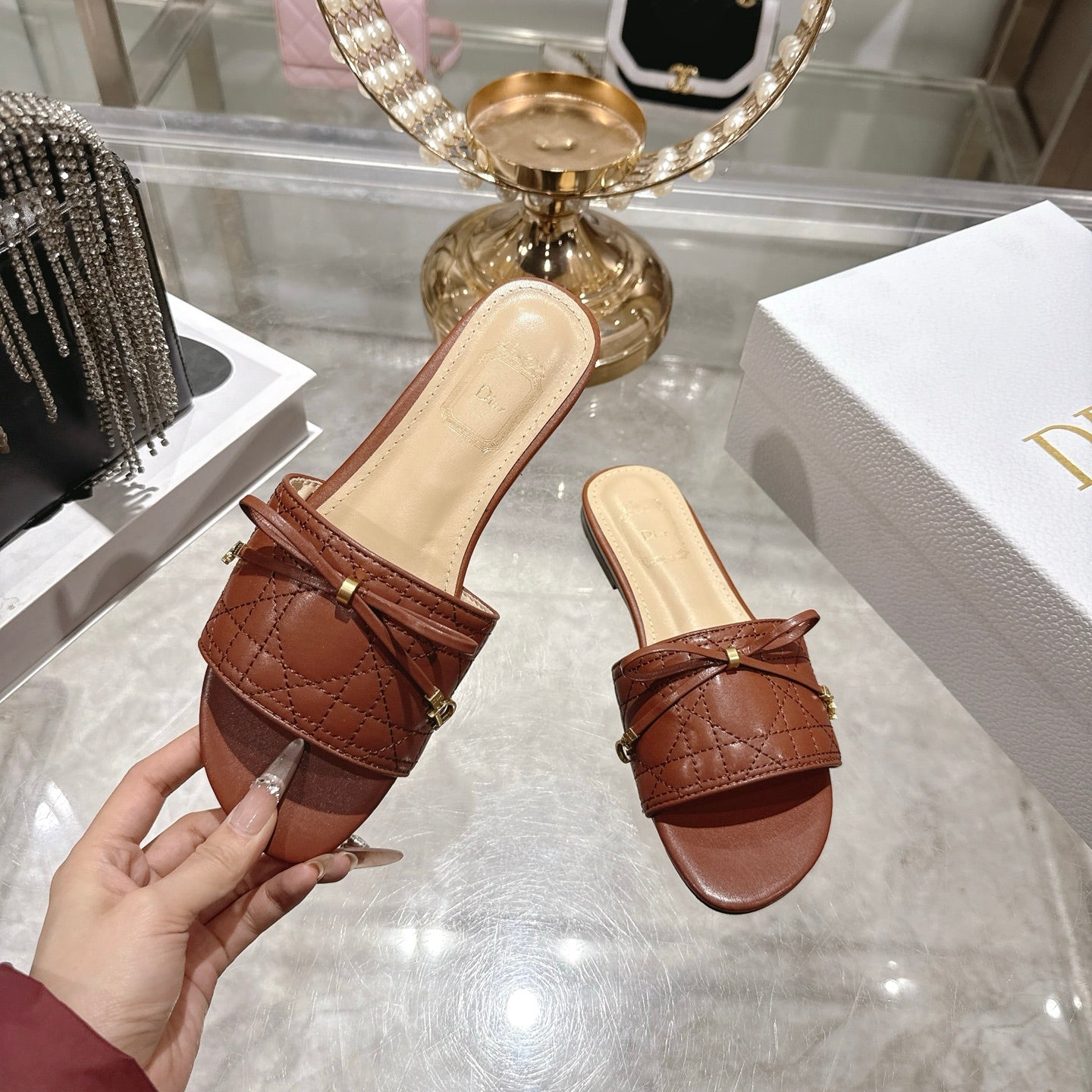 CD 26 Embroidered Slippers Brown Beige  Sheepskin 679667