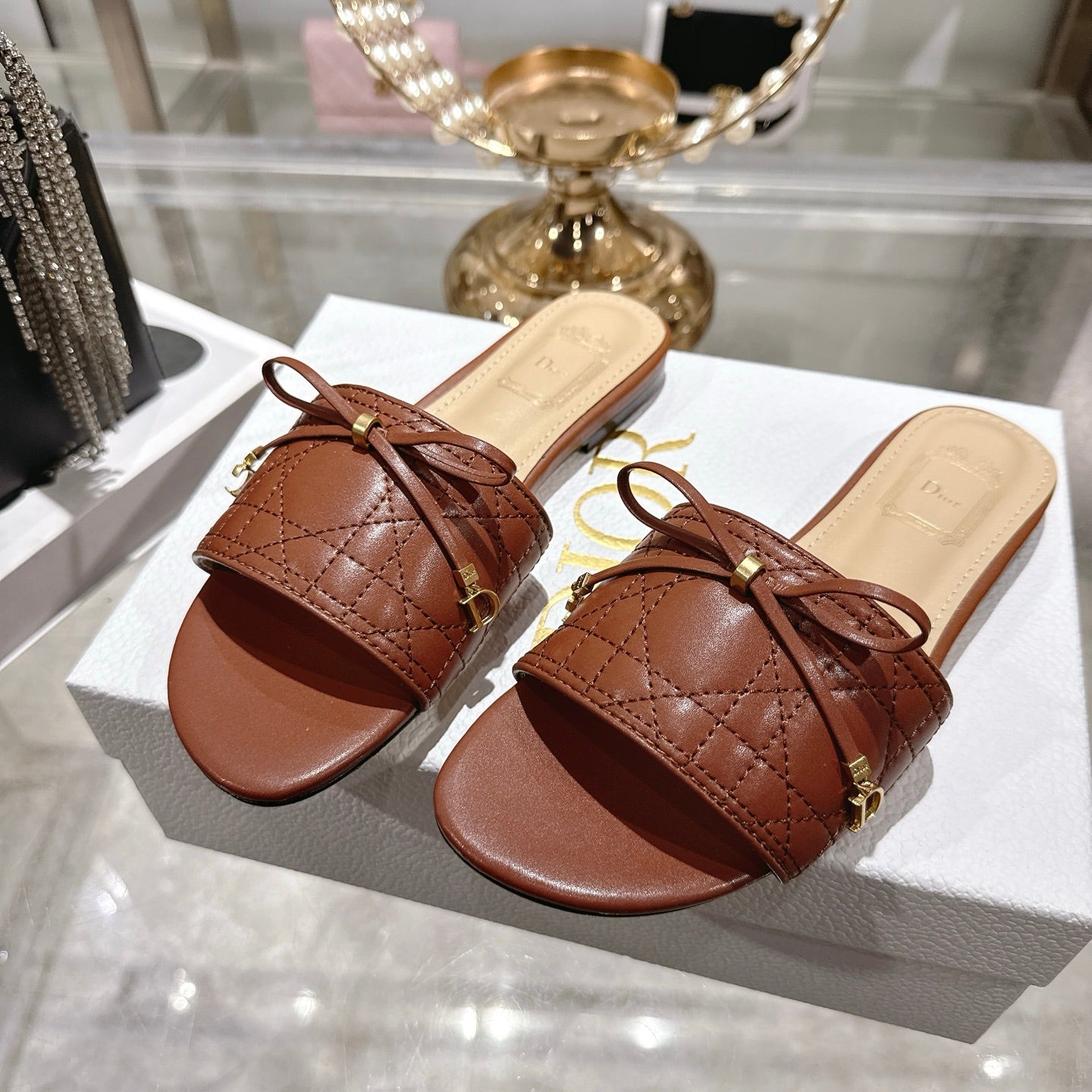 CD 26 Embroidered Slippers Brown Beige  Sheepskin 679667