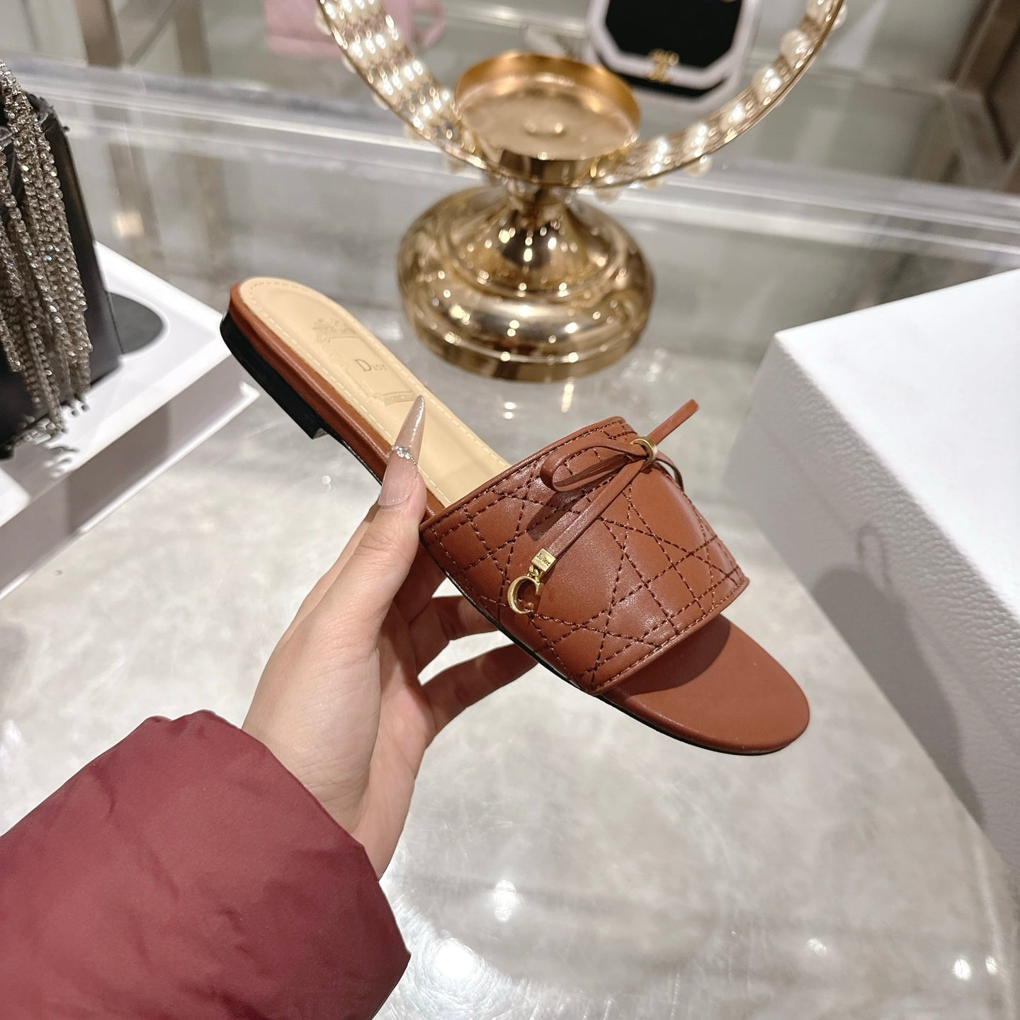 CD 26 Embroidered Slippers Brown Beige  Sheepskin 679667