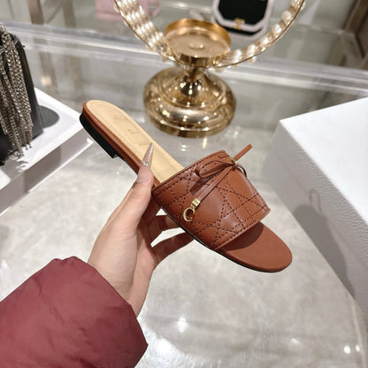 CD 26 Embroidered Slippers Brown Beige  Sheepskin 679667