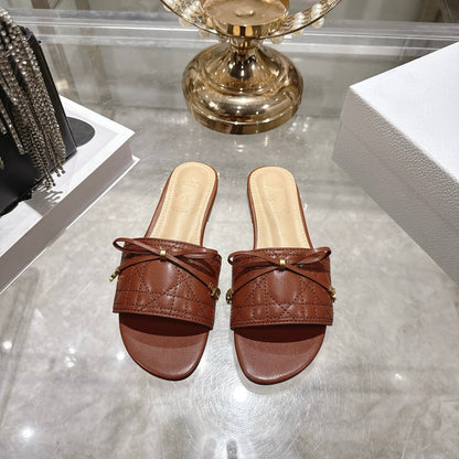 CD 26 Embroidered Slippers Brown Beige  Sheepskin 679667
