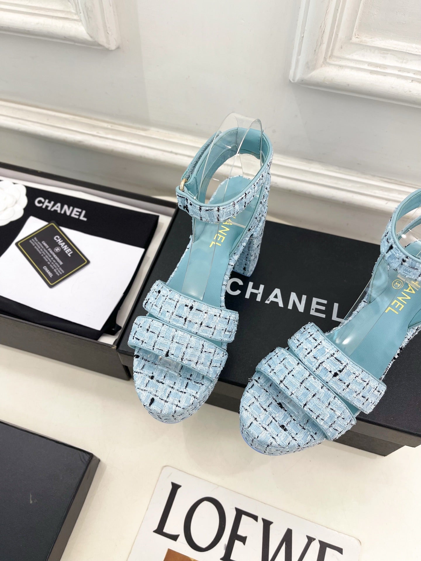 CC 26s HighHeeled Platform Sandals 85 Light Blue Tweed 631865